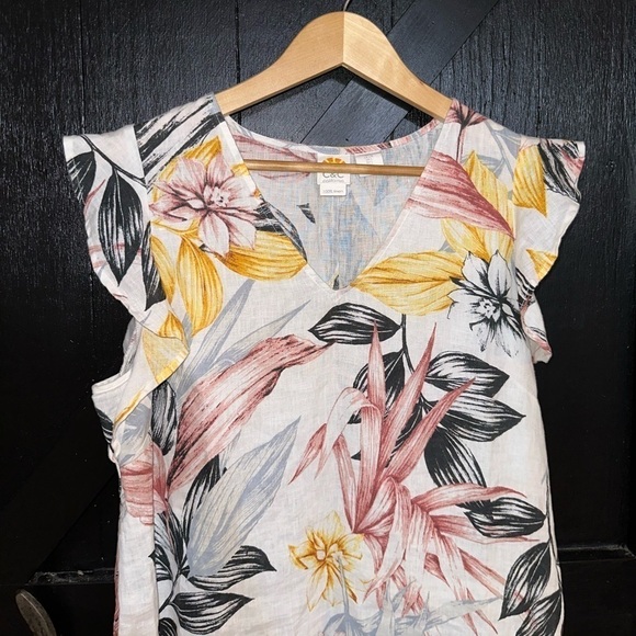 C&C California 100% Linen Floral Tropical Boho Flutter Sleeve Shift Dress Sz L - Picture 2 of 7